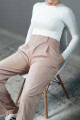 Sculpted Waist Pleated Trousers - Beige