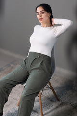 Sculpted Waist Pleated Trousers - Olive
